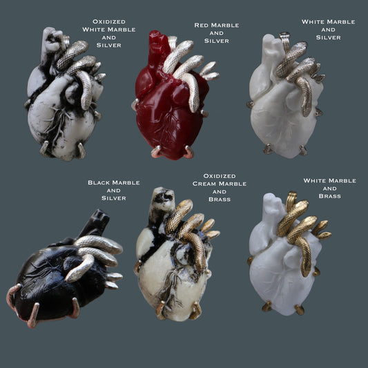 Handmade Marble Carved White Human Heart with Snake Veins