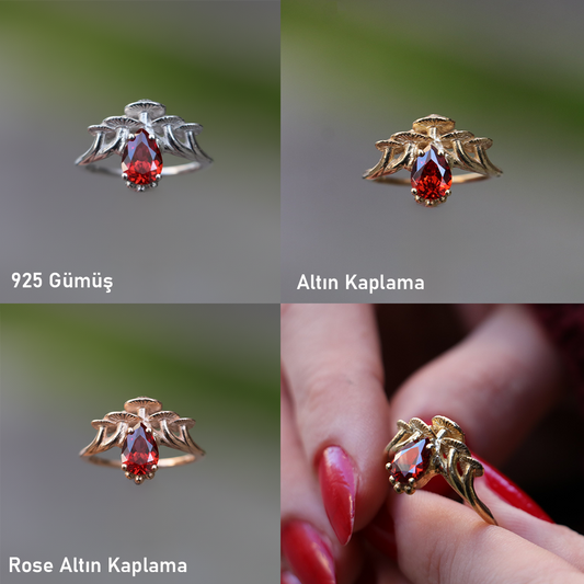 Mantar Garnet 925 Gümüş Altın Kaplama Yüzük
