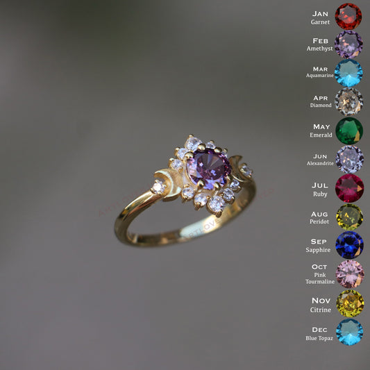 Moon Goddess Amethyst and Moissanite 925 Silver Gold Plated Ring