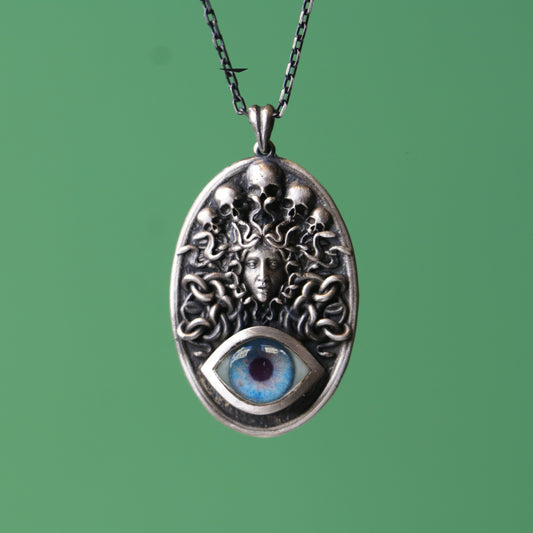 Medusa Memento Mori Blue Eye 925 Oxidized Silver Necklace