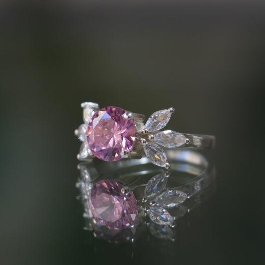 Diamond Cut Rose Quartz and Marquise Moissanite 925 Silver Ring