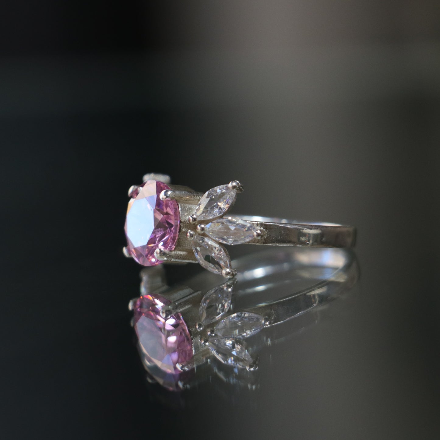 Diamond Cut Rose Quartz and Marquise Moissanite 925 Silver Ring