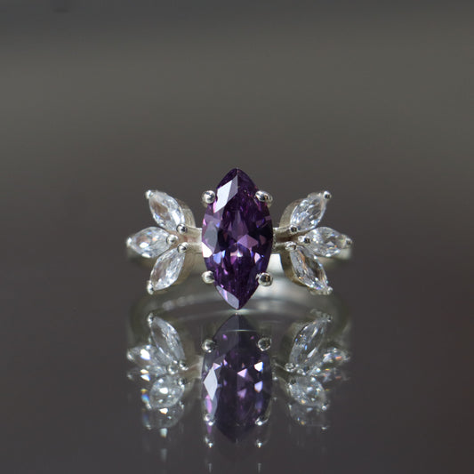 Marquise Amethyst and Moissanite 925 Silver Ring