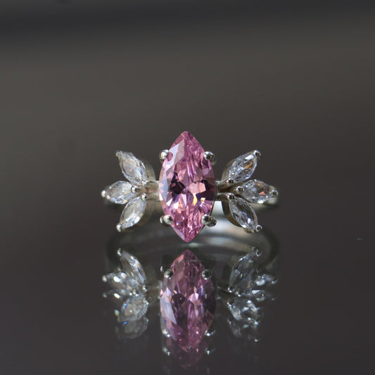Marquise Rose Quartz and Moissanite 925 Silver Ring