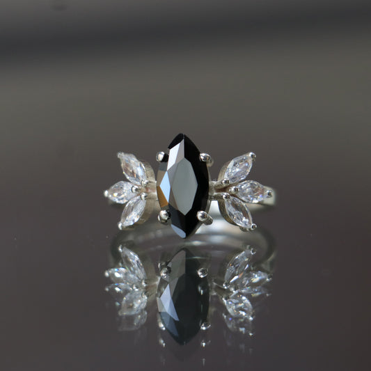 Marquise Onyx and Moissanite 925 Silver Ring