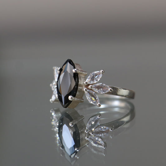 Marquise Onyx and Moissanite 925 Silver Ring