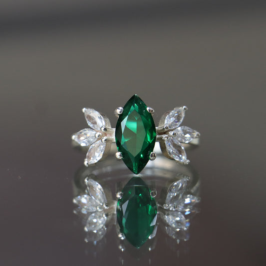 Marquise Emerald and Moissanite 925 Silver Ring