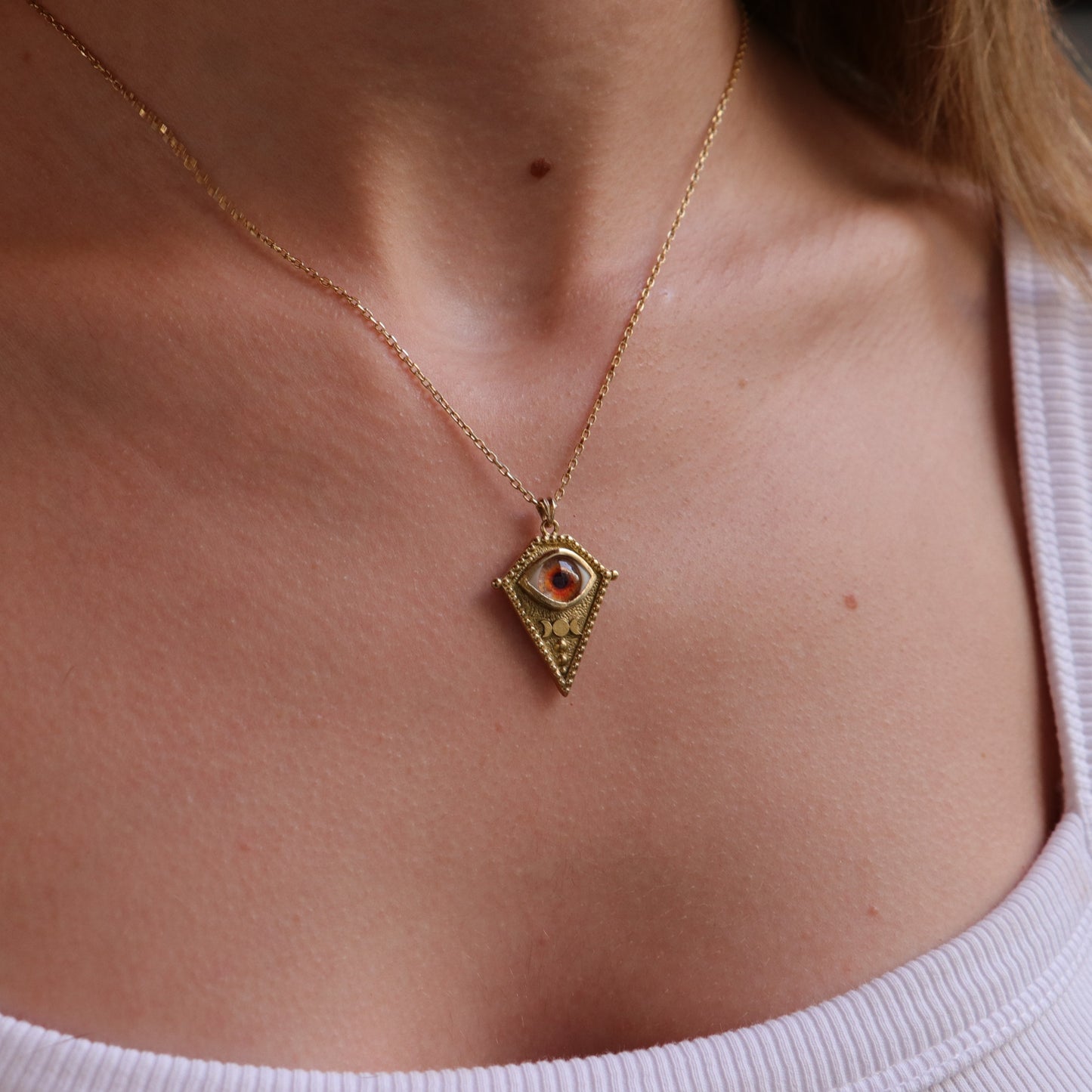 Handmade Fire Eye & Triple Moon Necklace | "Sun Oracle" Talisman | Mystical Realistic Eye