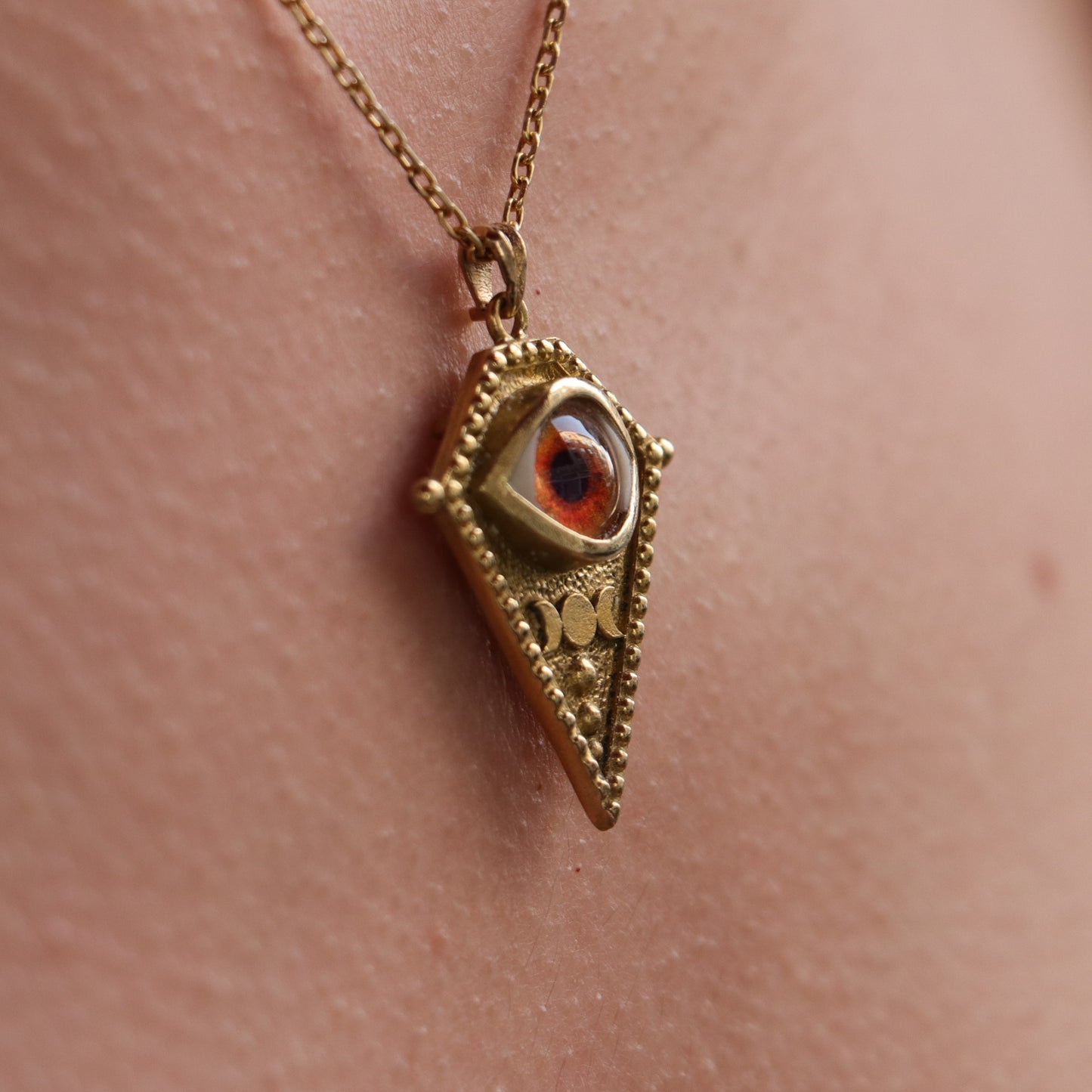 Handmade Fire Eye & Triple Moon Necklace | "Sun Oracle" Talisman | Mystical Realistic Eye