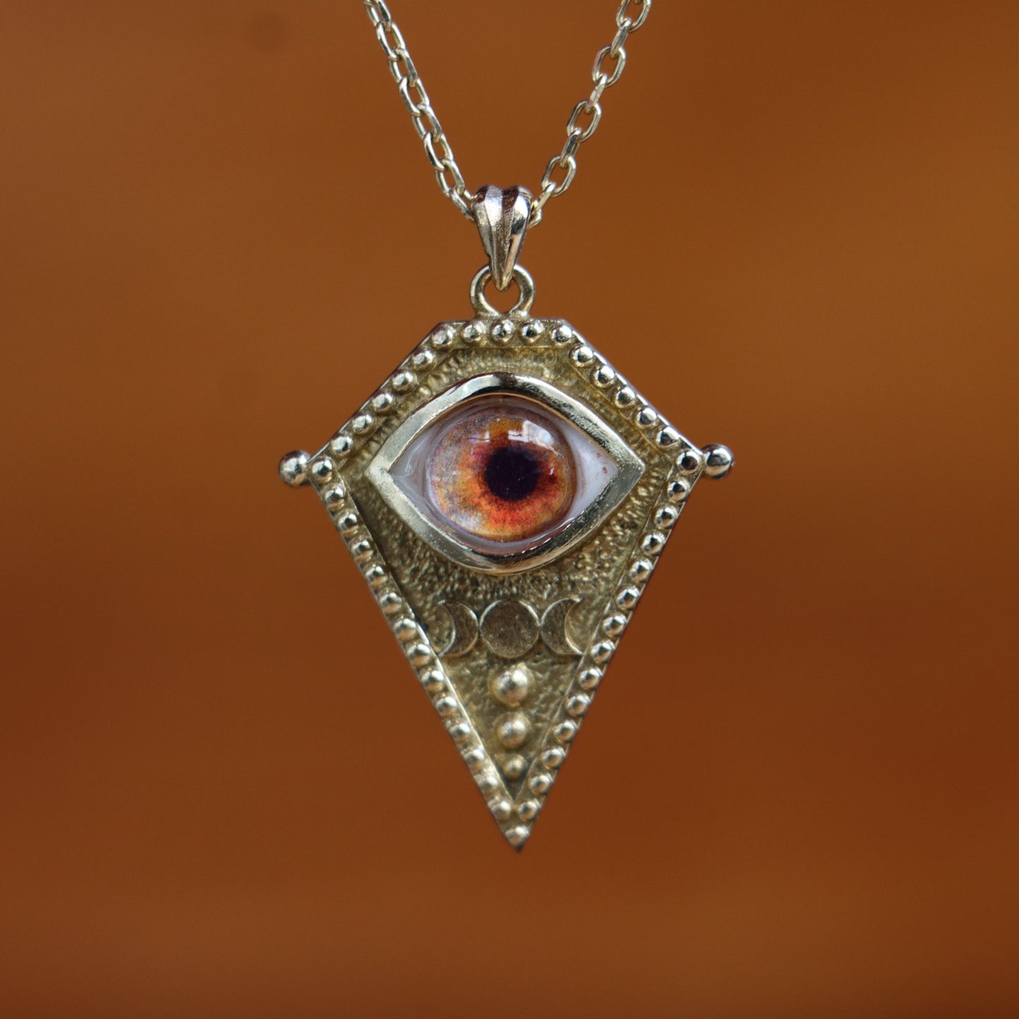 Handmade Fire Eye & Triple Moon Necklace | "Sun Oracle" Talisman | Mystical Realistic Eye
