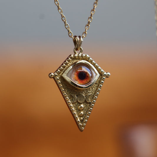 Handmade Fire Eye & Triple Moon Necklace | "Sun Oracle" Talisman | Mystical Realistic Eye