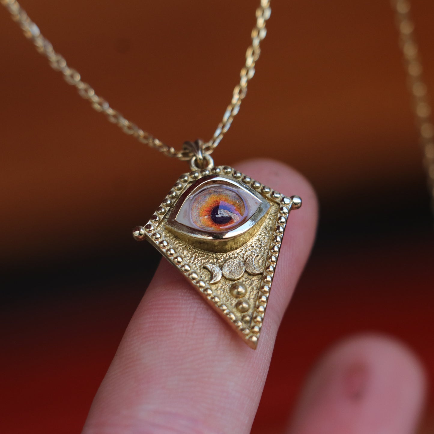 Handmade Fire Eye & Triple Moon Necklace | "Sun Oracle" Talisman | Mystical Realistic Eye