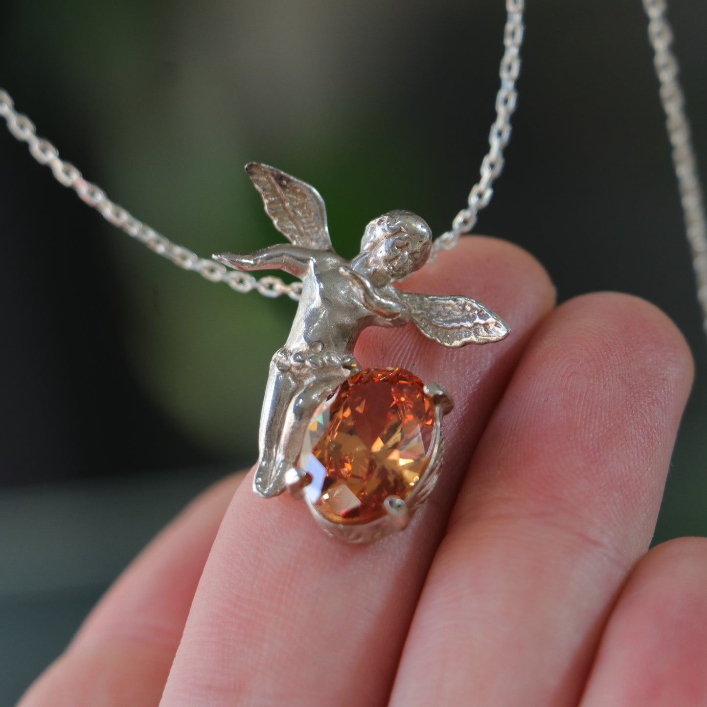 Vintage Angel Citrine Stone 925 Silver Necklace
