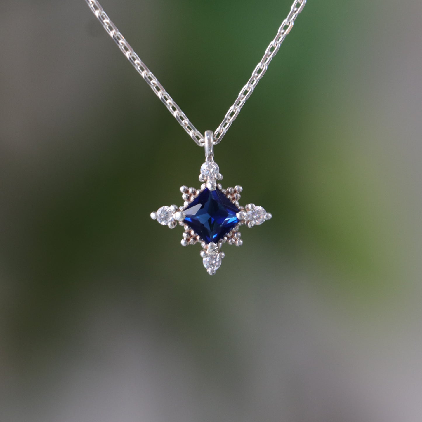 Princess Sapphire and Moissanite 925 Silver Necklace
