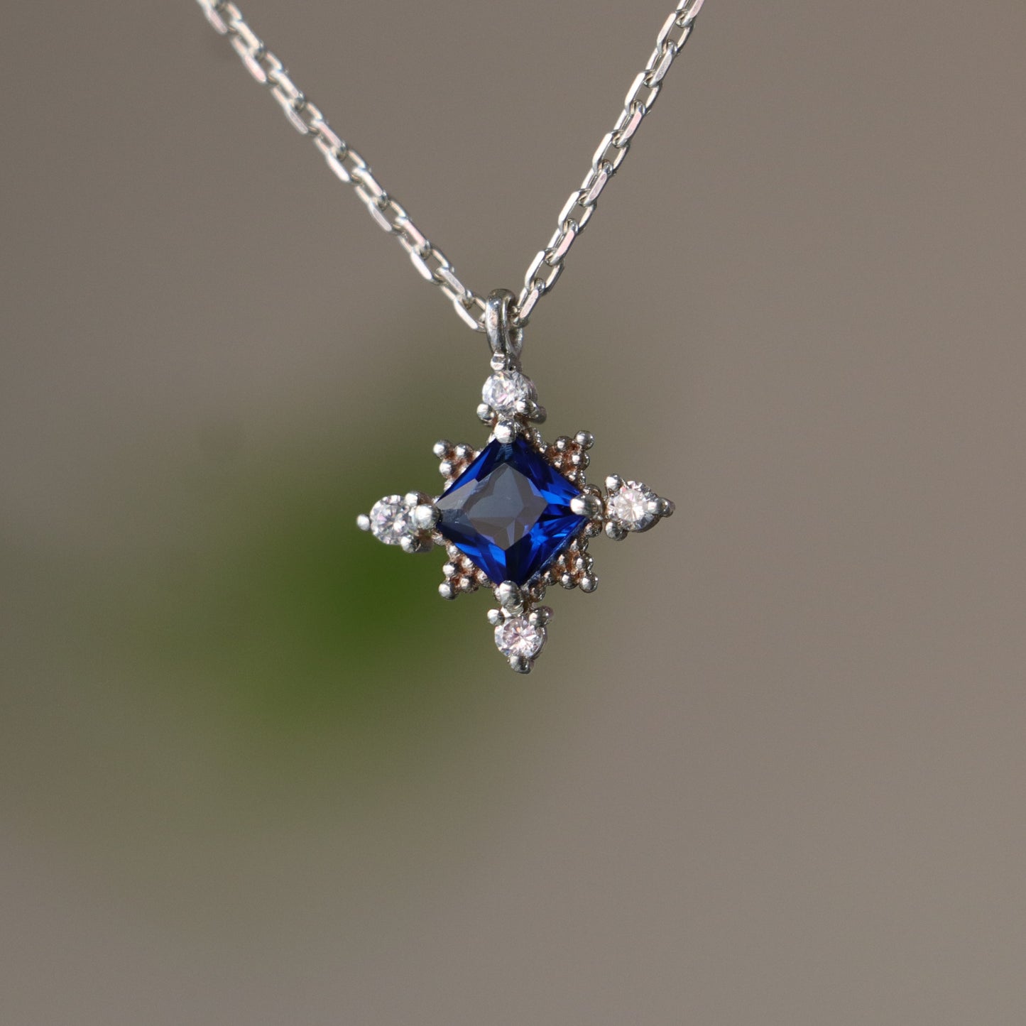 Princess Sapphire and Moissanite 925 Silver Necklace