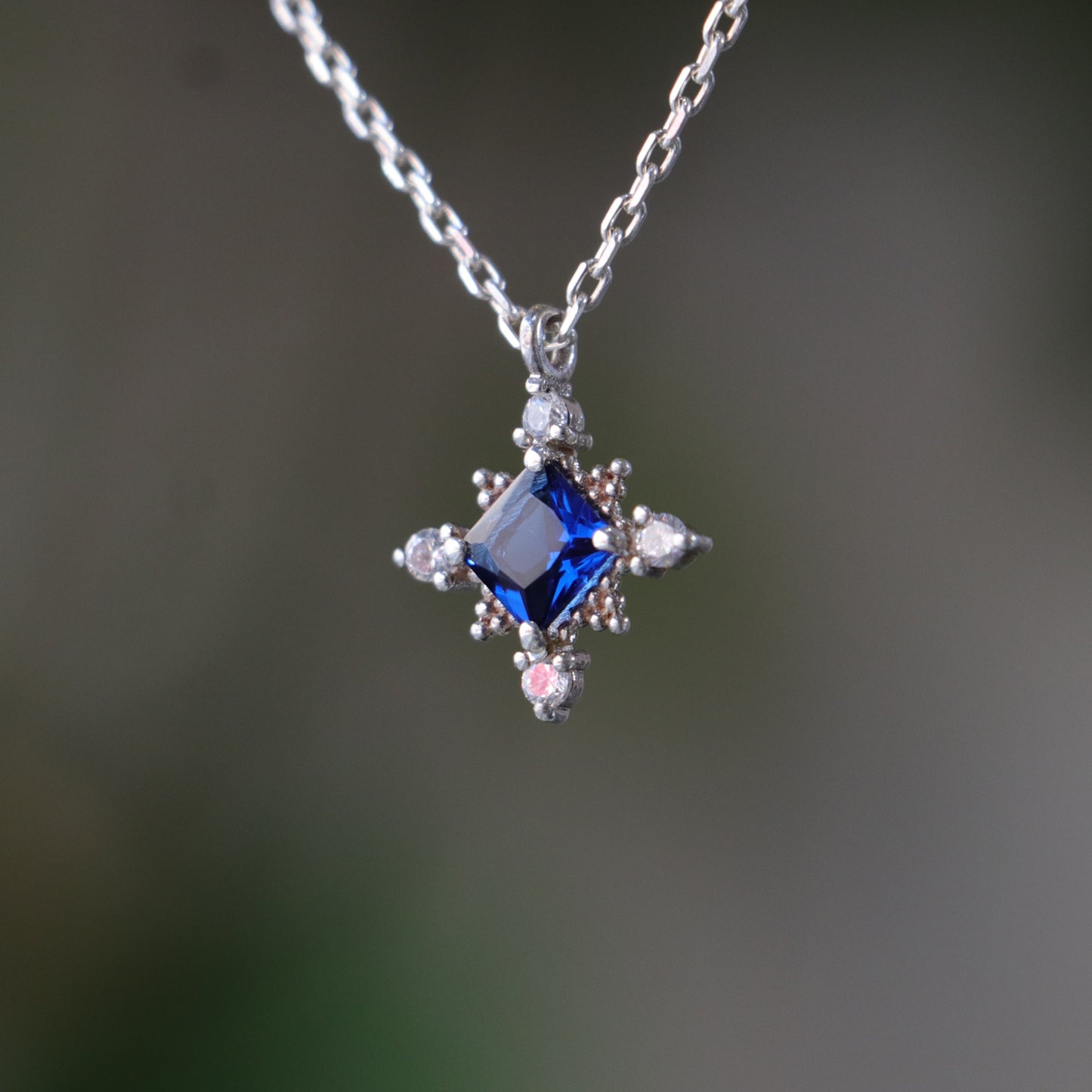 Princess Sapphire and Moissanite 925 Silver Necklace