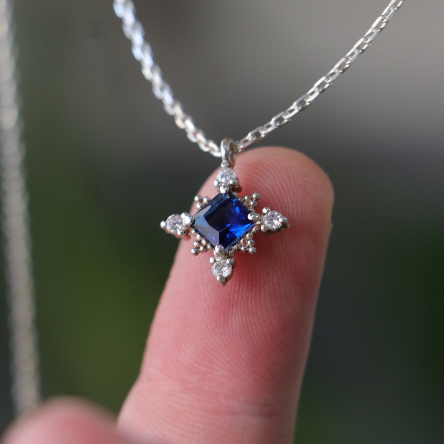 Princess Sapphire and Moissanite 925 Silver Necklace