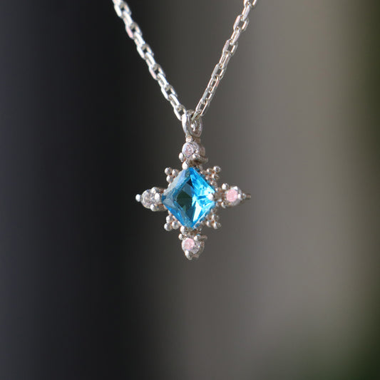 Princess Blue Topaz and Moissanite 925 Silver Necklace