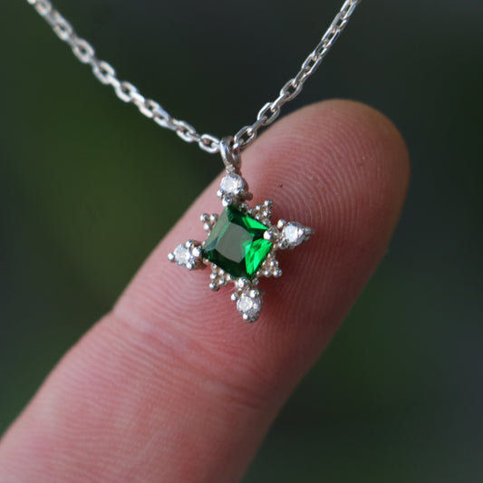 Princess Emerald and Moissanite 925 Silver Necklace