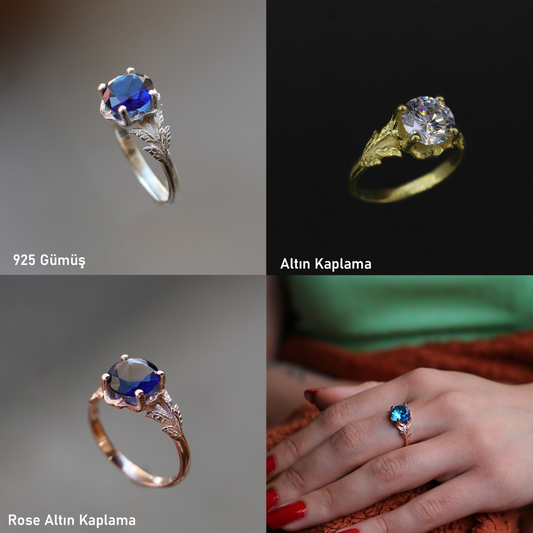 Safir Taşlı Yaprak Detaylı 925 Gümüş Yüzük