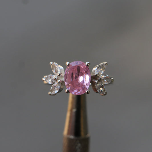 Oval Rose Quartz and Marquise Moissanite 925 Silver Ring