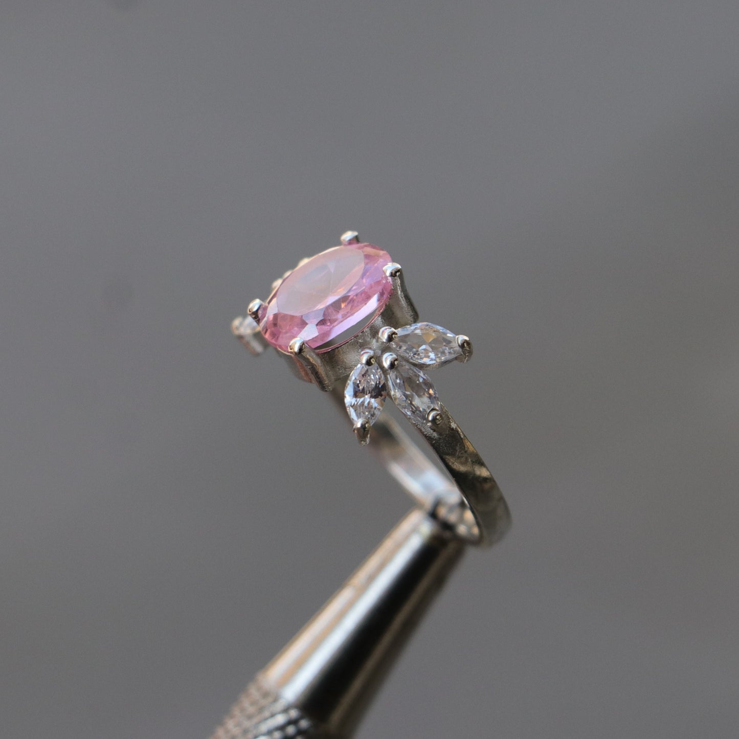Oval Rose Quartz and Marquise Moissanite 925 Silver Ring