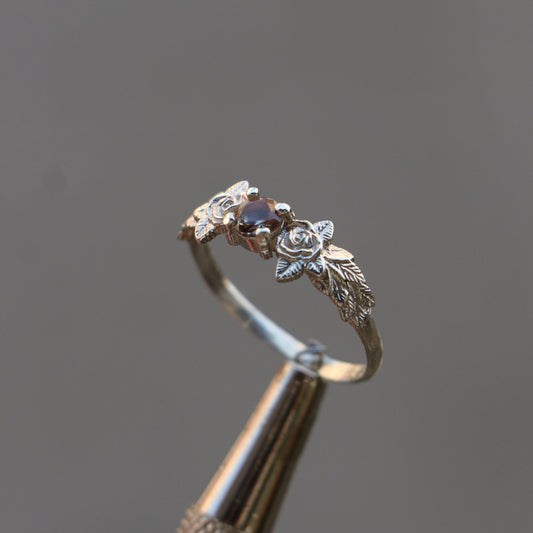 Leaves Garnet 925 Silver Gold Plated Ring