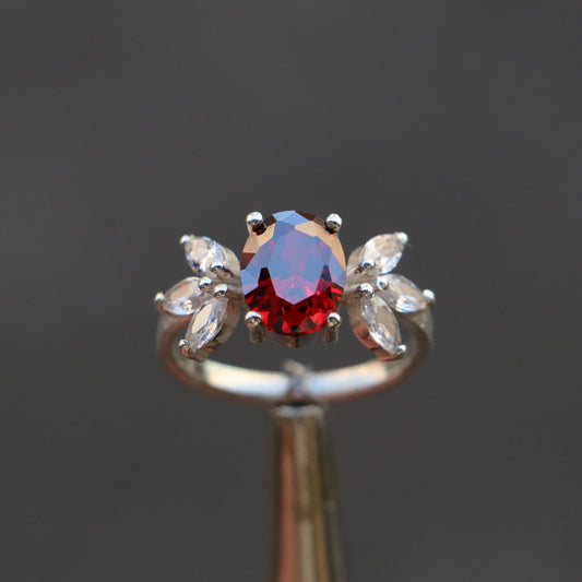 Oval Ruby and Marquise Moissanite 925 Silver Ring