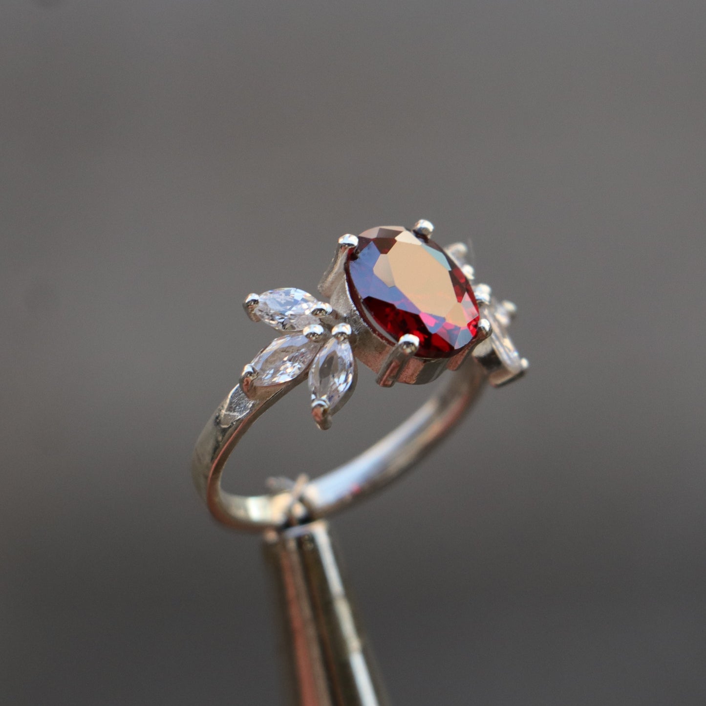 Oval Ruby and Marquise Moissanite 925 Silver Ring