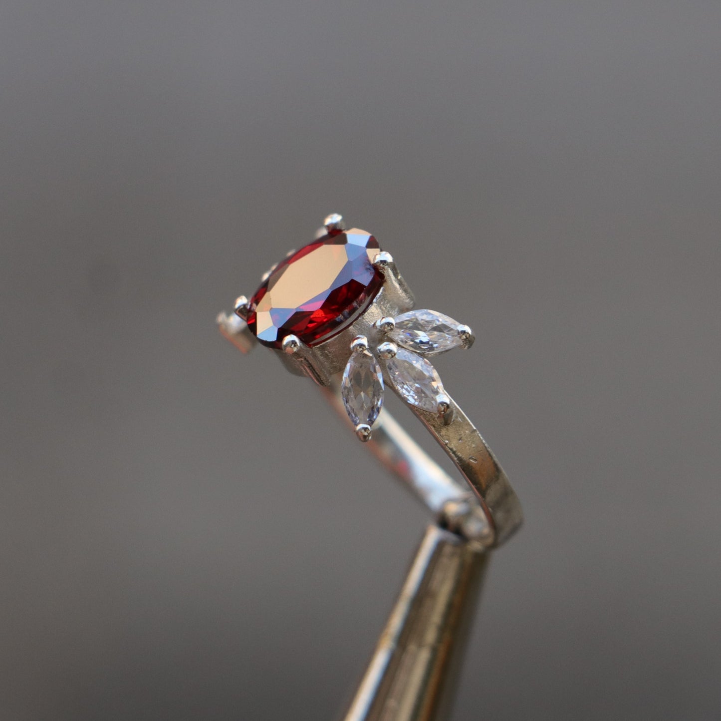 Oval Ruby and Marquise Moissanite 925 Silver Ring