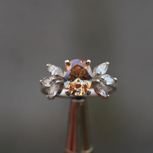 Oval Citrine and Marquise Moissanite 925 Silver Ring