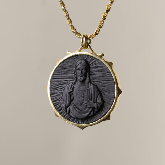 Siyah Mermer Jesus Christ 925 Gümüş Altın Kaplama Kolye