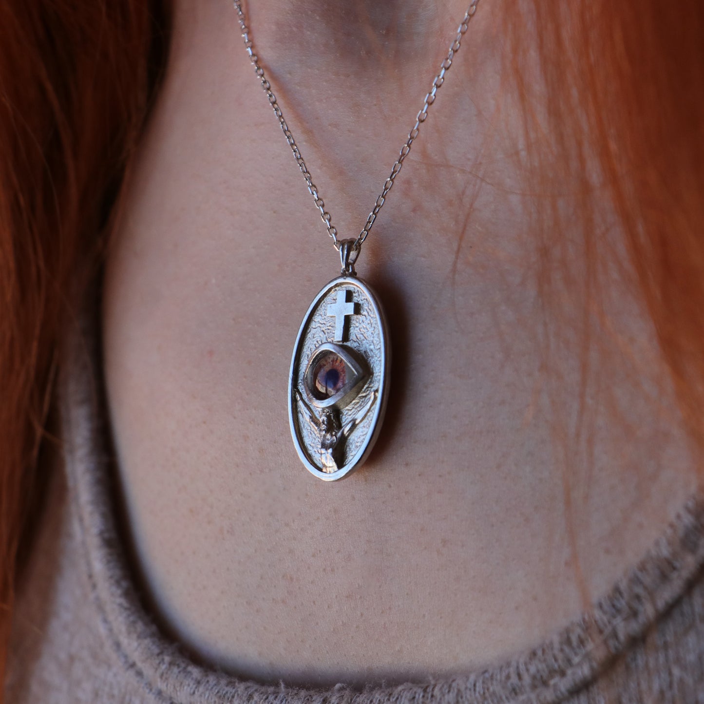 Jesus Christ and the Cross Blue Eye 925 Oxidized Silver Necklace