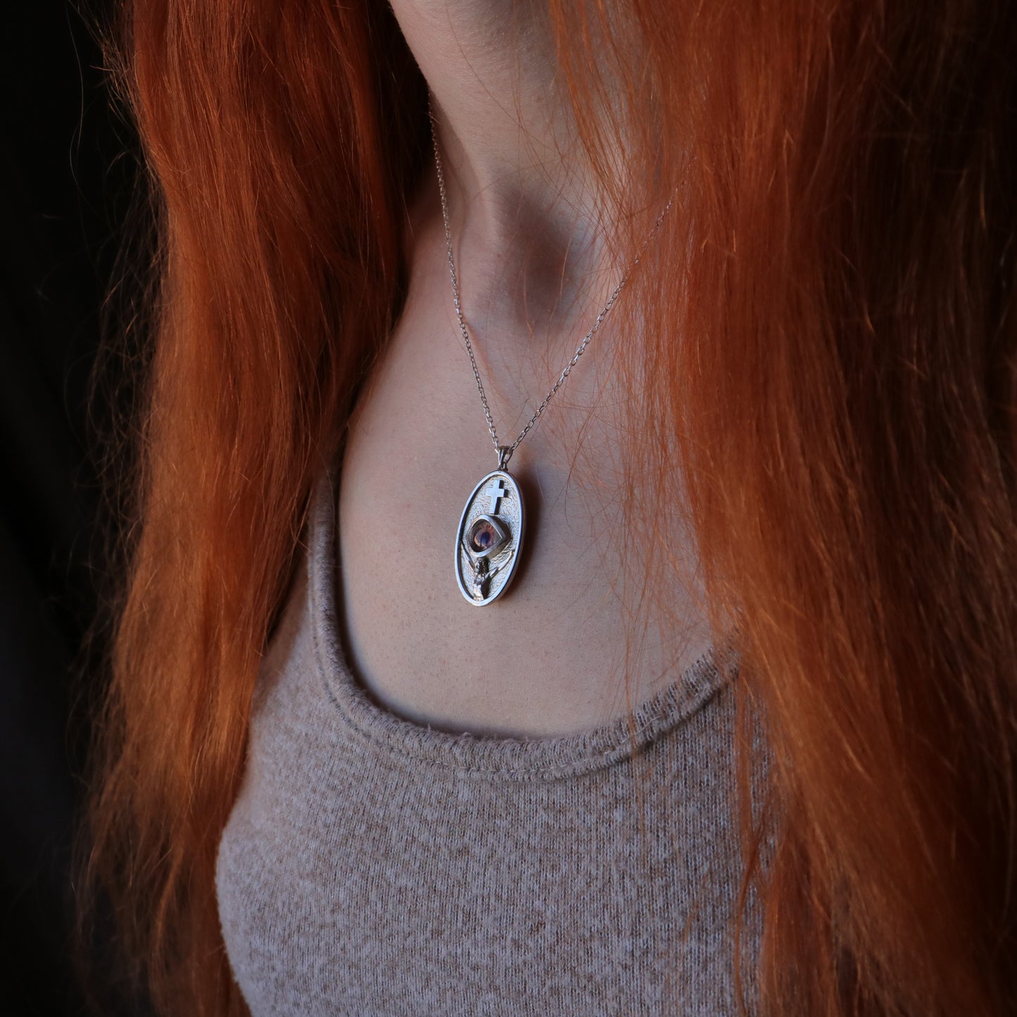 Jesus Christ and the Cross Blue Eye 925 Oxidized Silver Necklace