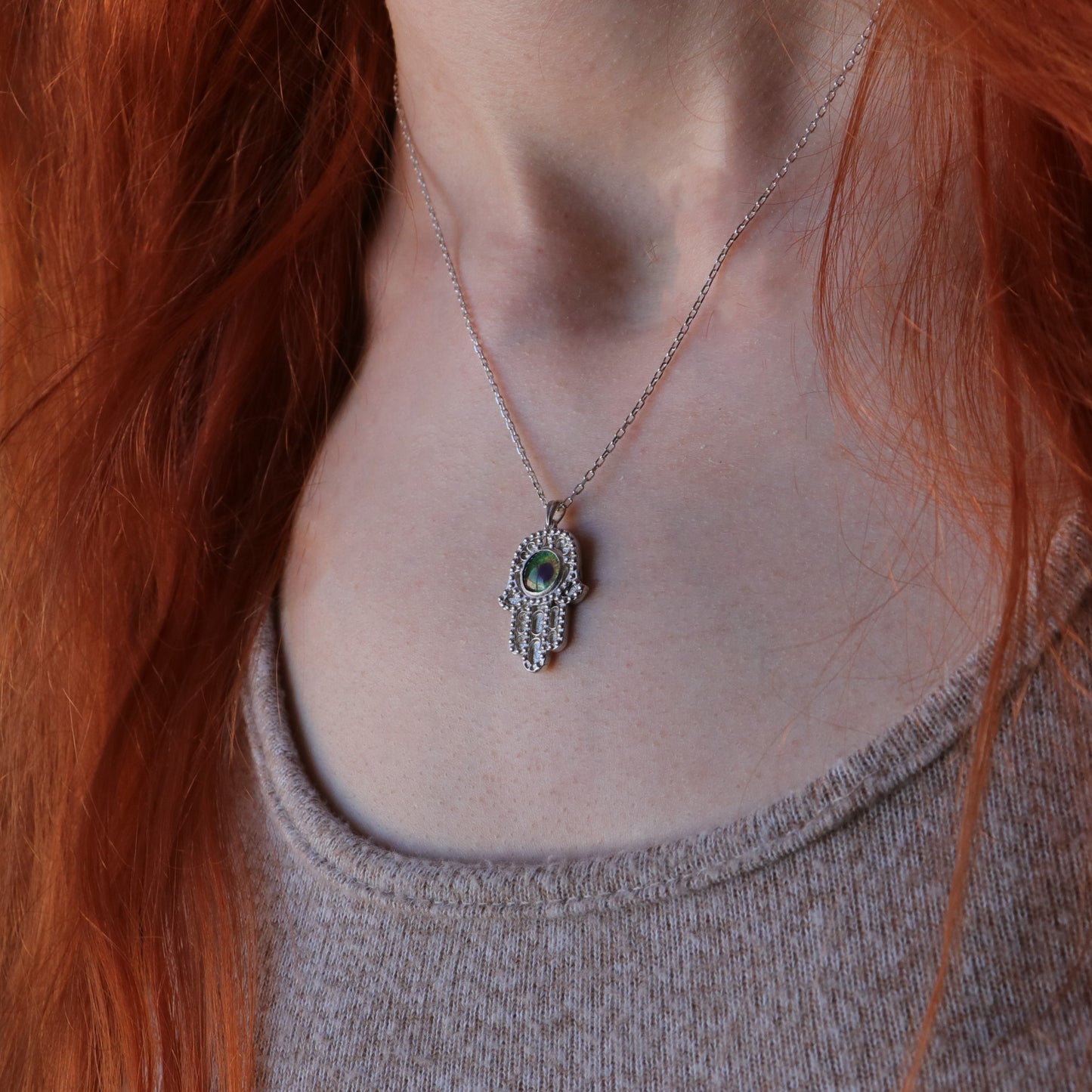 Fatima's Hand Green Eye 925 Silver Necklace