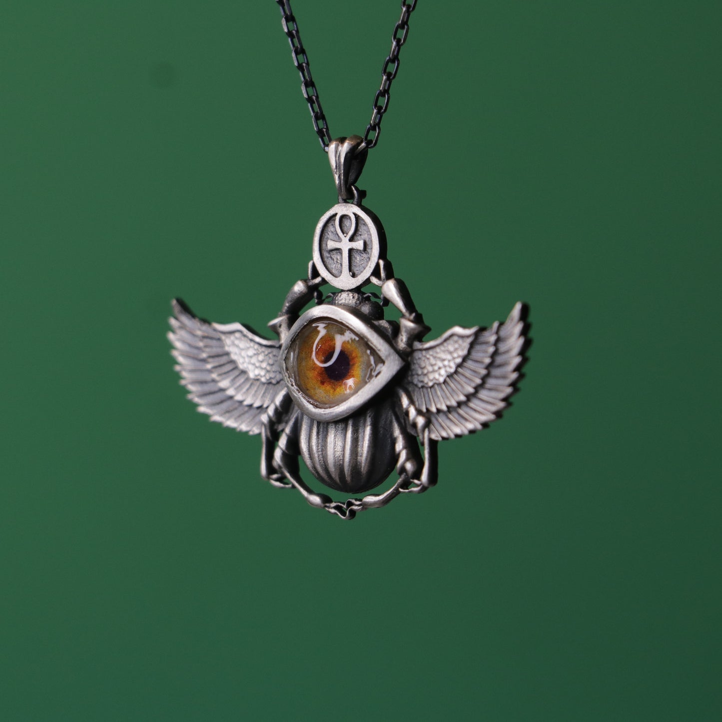 Antik Mısır Scarab (Bok Böceği) Ela Göz 925 Oksitlenmiş Gümüş Kolye