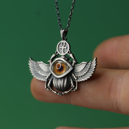 Ancient Egyptian Scarab (Dung Beetle) Hazel Eye 925 Oxidized Silver Necklace