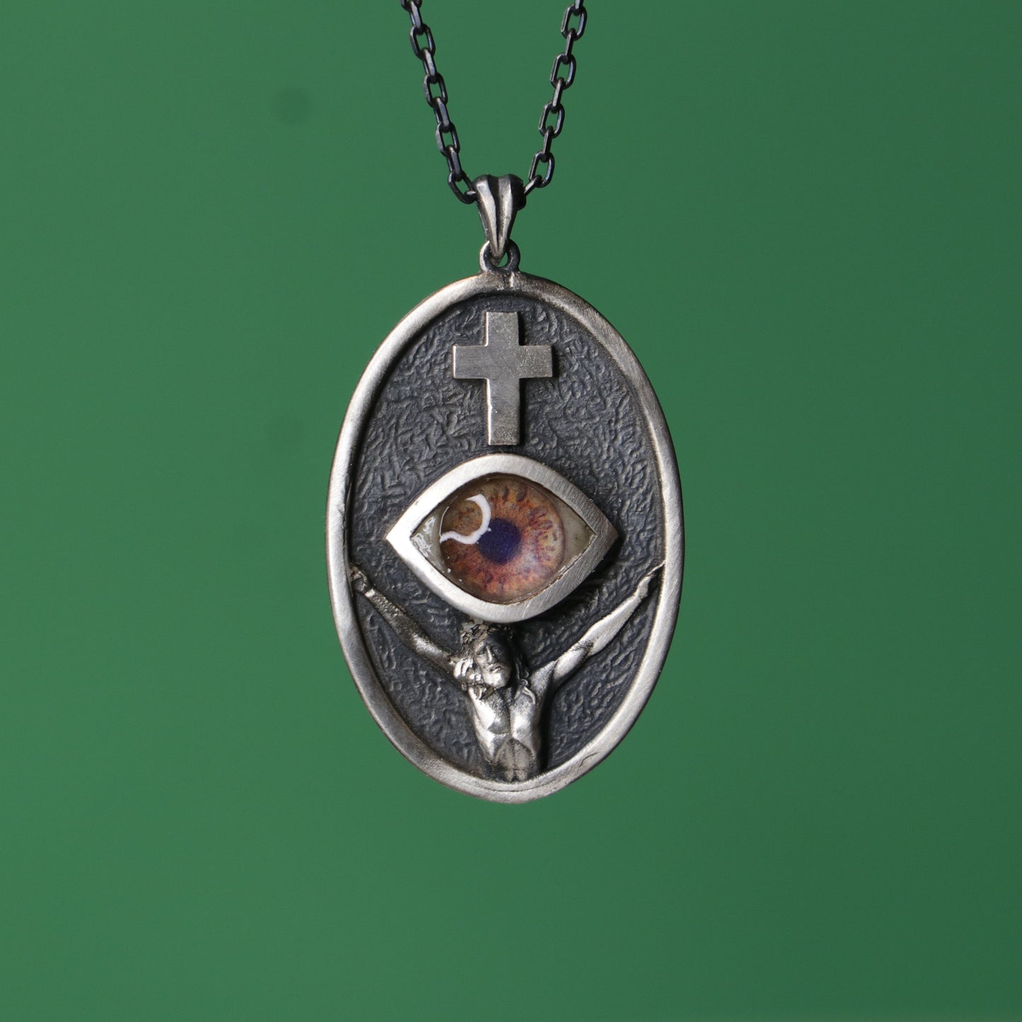 Jesus Christ and the Cross Blue Eye 925 Oxidized Silver Necklace