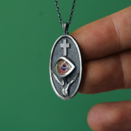 Jesus Christ and the Cross Blue Eye 925 Oxidized Silver Necklace