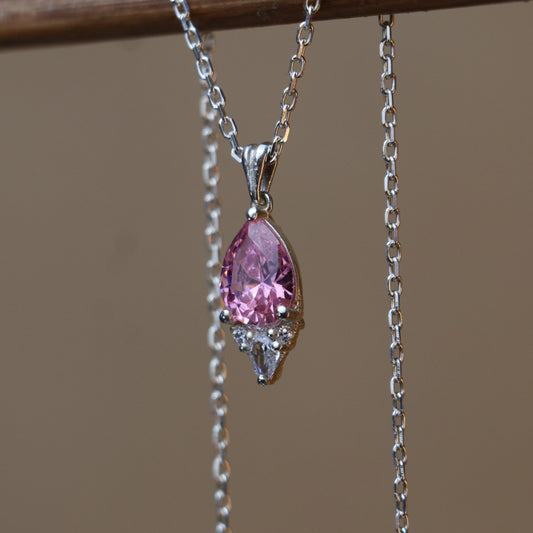 Damla Kesim Pembe Turmalin ve  Mozanite 925 Gümüş Kolye