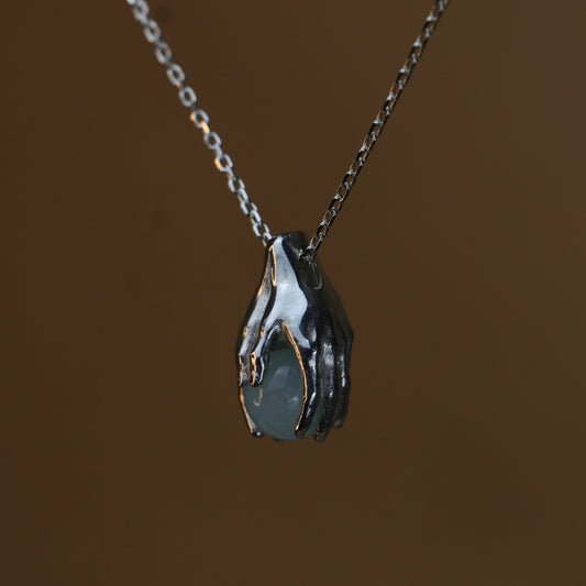 Minimalist Avuç Akuamarin 925 Gümüş Kolye
