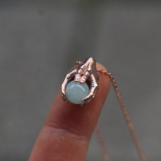 Minimalist Avuç Akuamarin 925 Gümüş Rose Kaplama Kolye