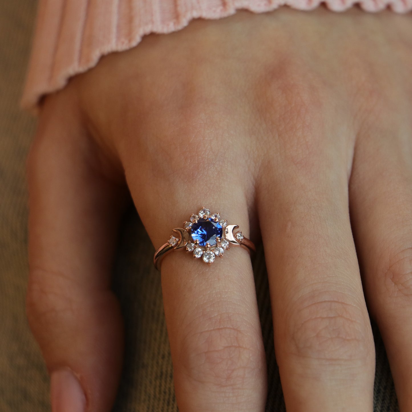 Moon Goddess Sapphire and Moissanite 925 Silver Ring