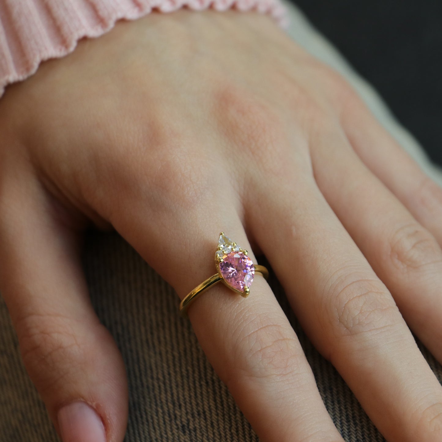 Damla Kesim Pembe Turmalin ve Mozanit 925 Gümüş Yüzük