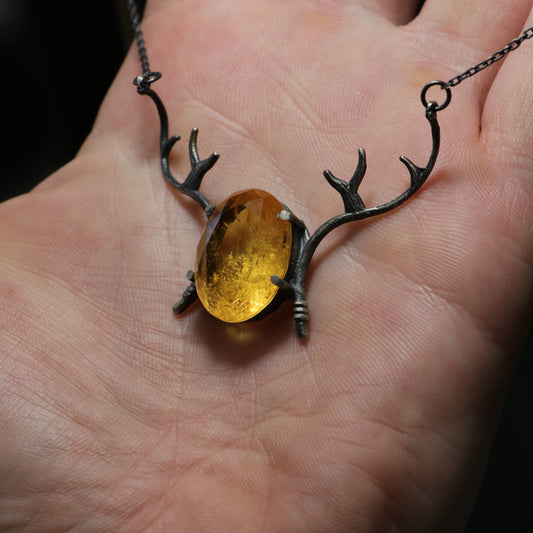 Fallow Deer Antler 925 Silver Necklace with Root Citrine Stone