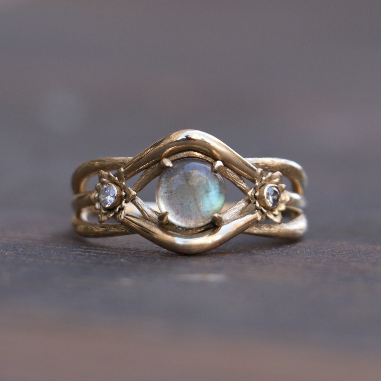 Special Design Labradorite and Moissanite Lotus 14 Carat Gold Ring