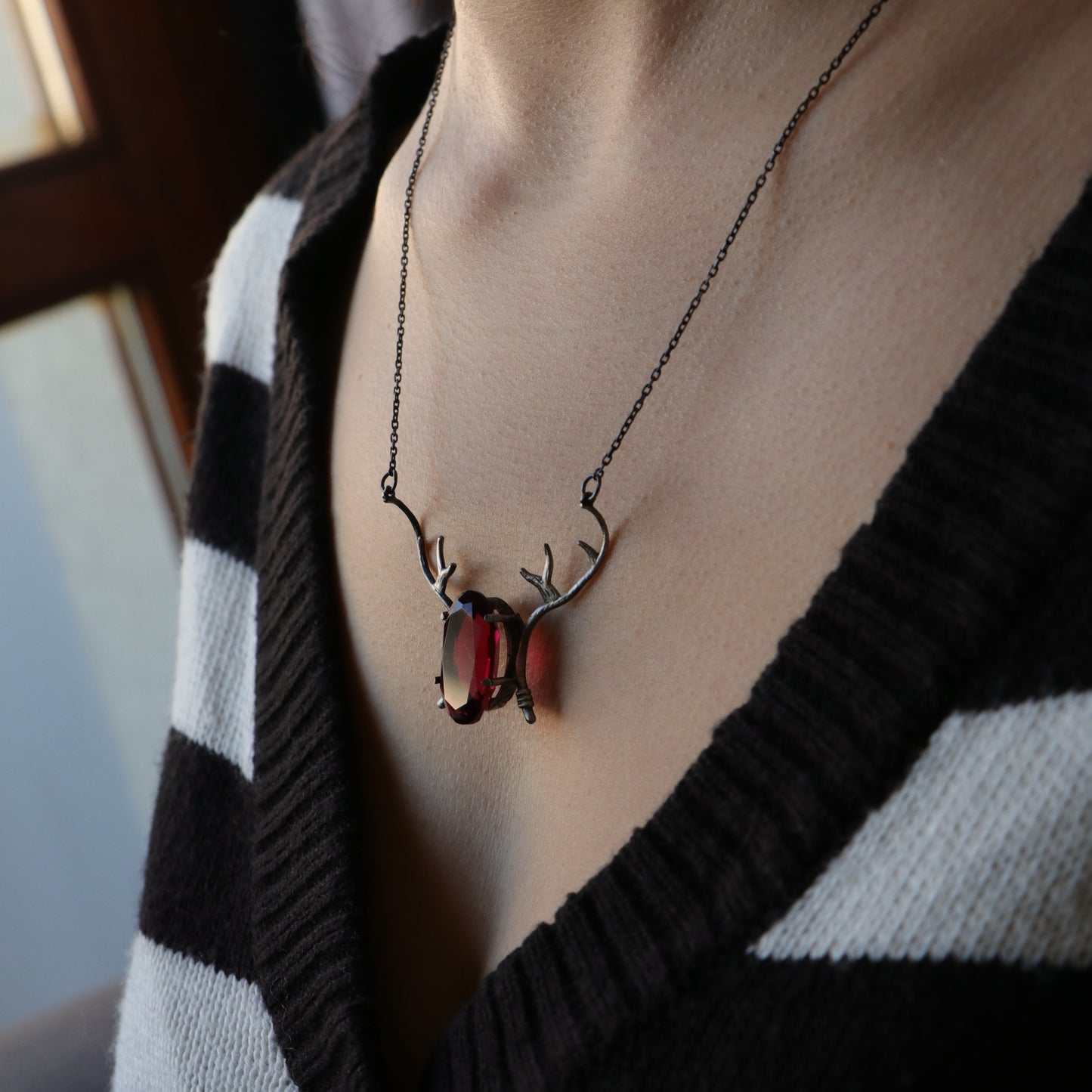 Aquamarine Stone Fallow Deer Antler 925 Silver Necklace