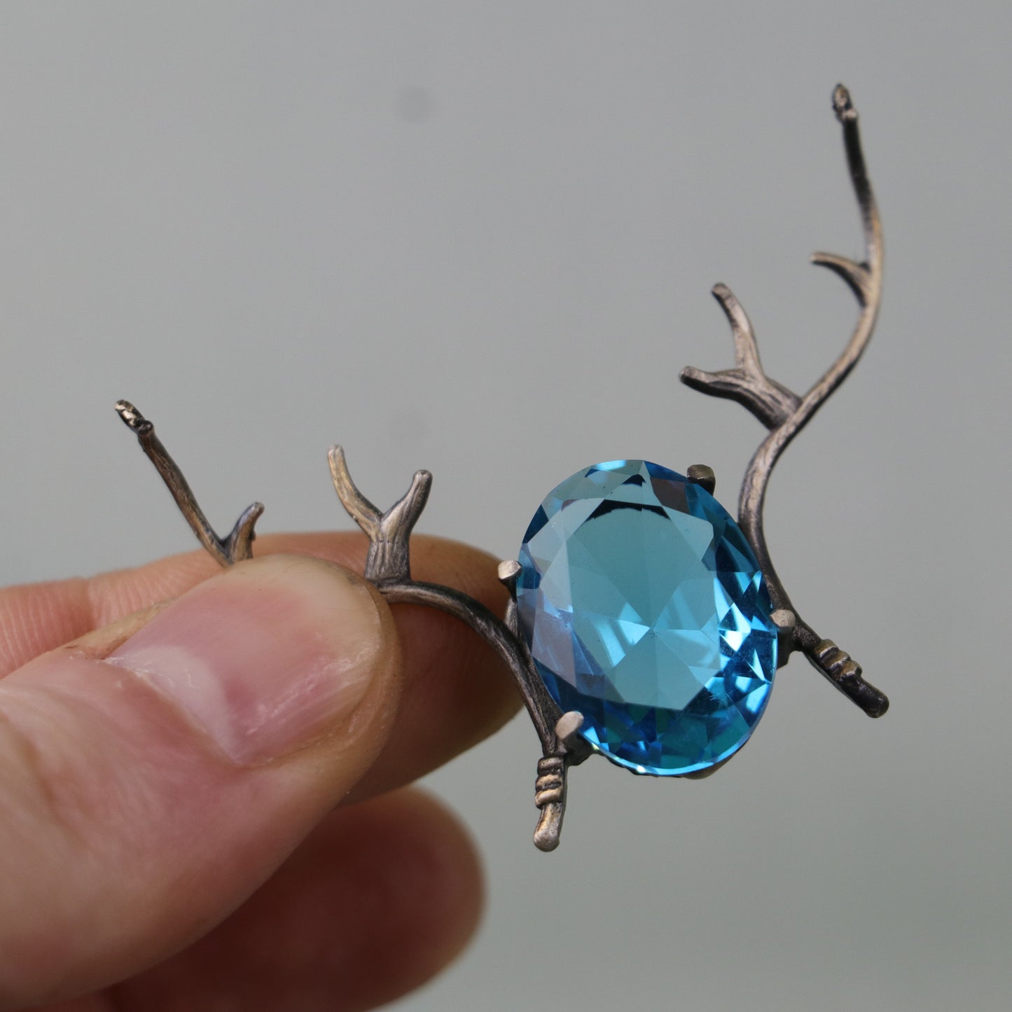 Aquamarine Stone Fallow Deer Antler 925 Silver Necklace