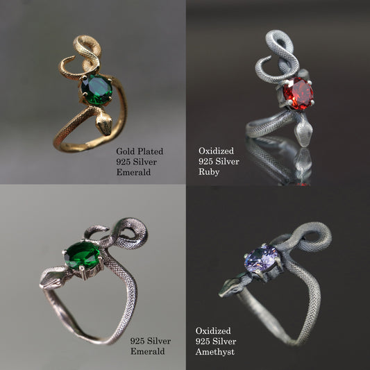 Emerald Snake 925 Silver Gold Plated Ring
