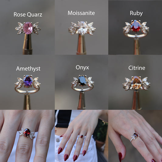 Oval Rose Quartz and Marquise Moissanite 925 Silver Ring